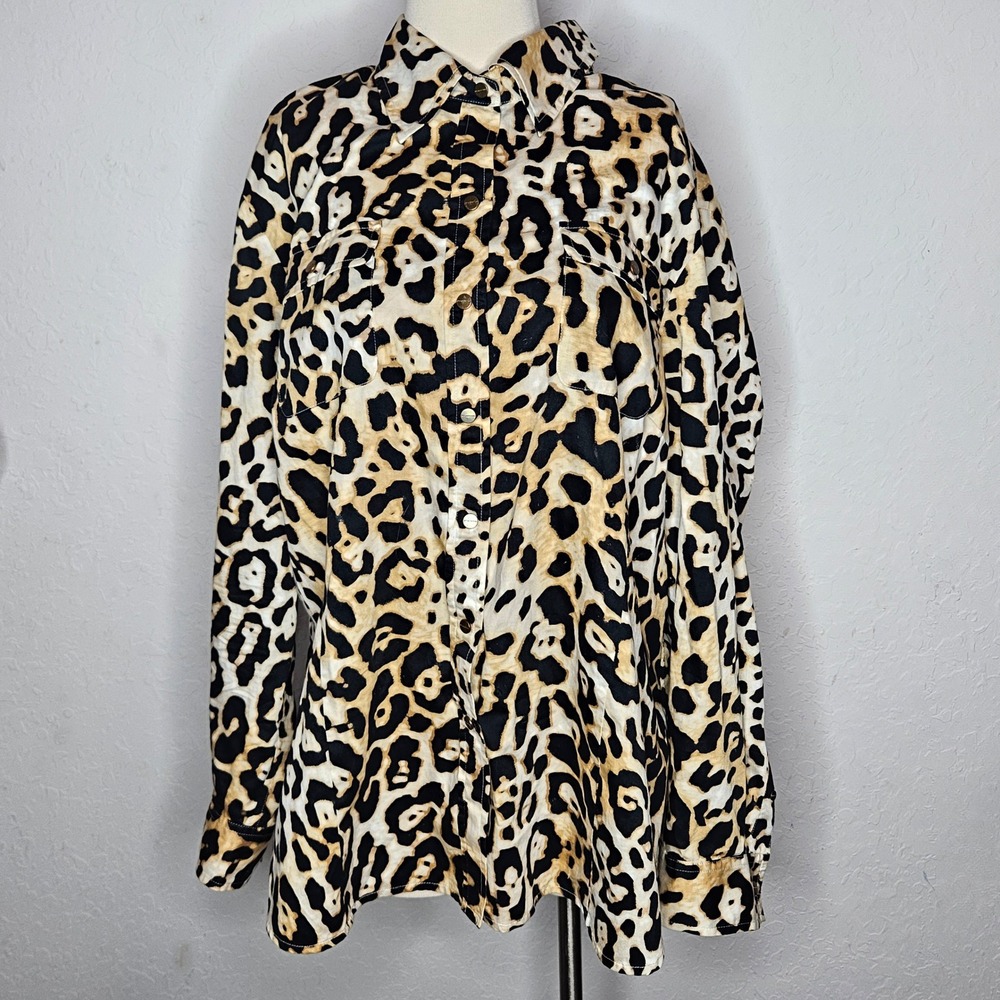 Jones New York Signature Woman Leopard‎ Print Button Up Shirt Long Sleeve Tan 1X
